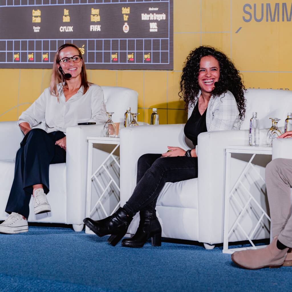 Bex Smith and Honey Thaljieh during a panel as part of the 2023 Asian edition of World Football Summit.