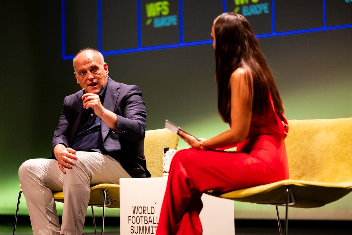 LALIGA President Javier Tebas attends a Fireside Chat during the 2023 European Edition of World Football Summit.