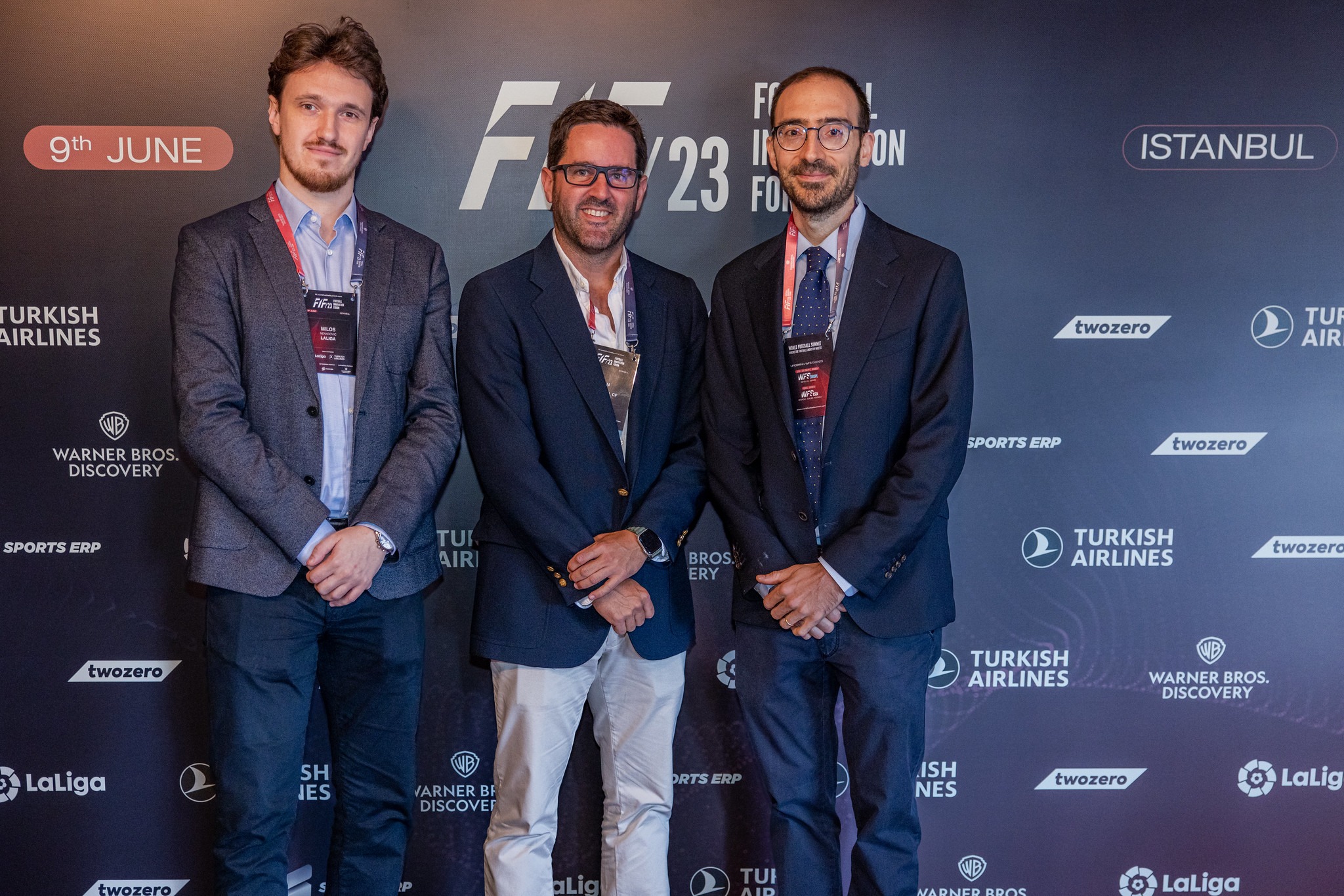 Milos Nenadovic from LaLiga, Juan Antón de Salas from Villarreal CF and Jaime Domínguez, CMO at WFS, during FIF 2023.